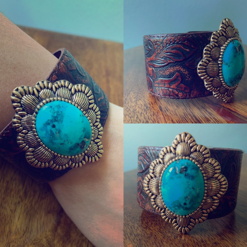 LEATHER BLUE TURQUOISE STONE CUFF BRACELET